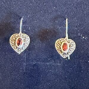 Sterling Silver Marcasite Garnet Heart Earrings 925 Vintage Style Lever Back